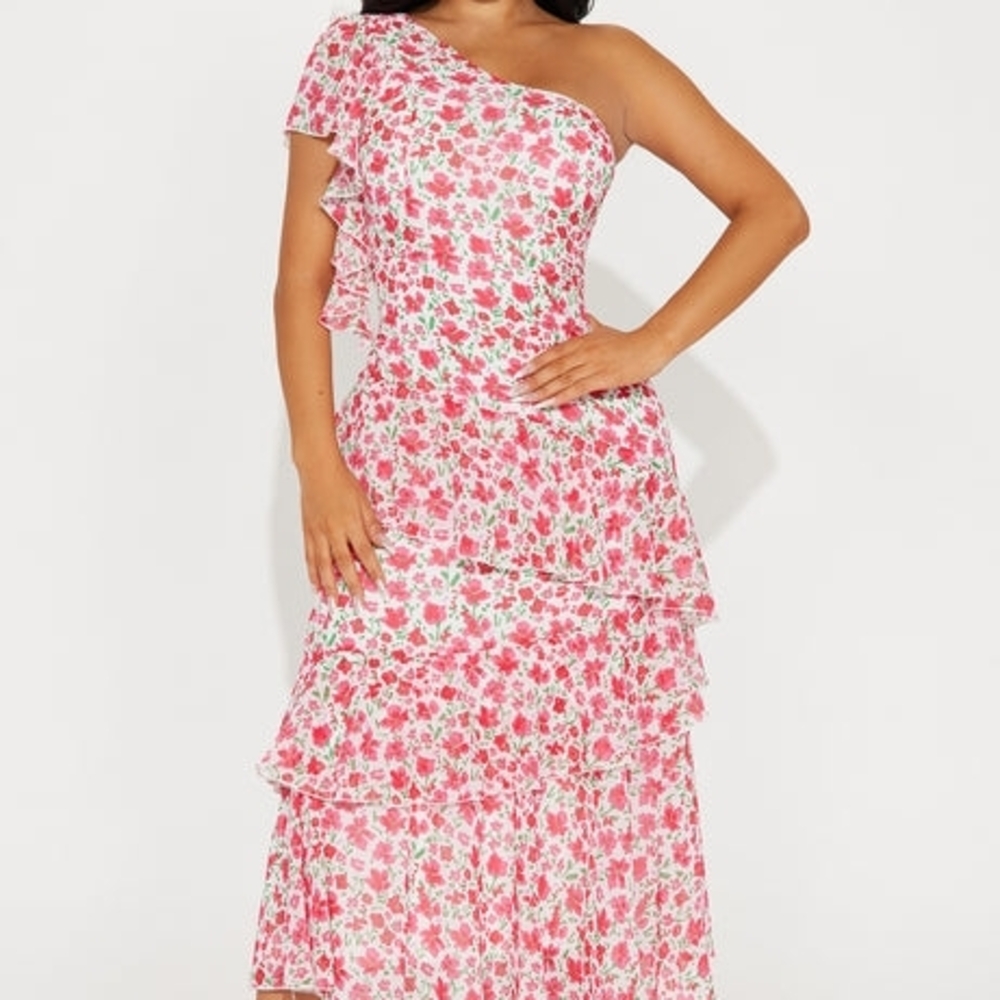 Fashion Nova Pink Floral One-Shoulder Dress